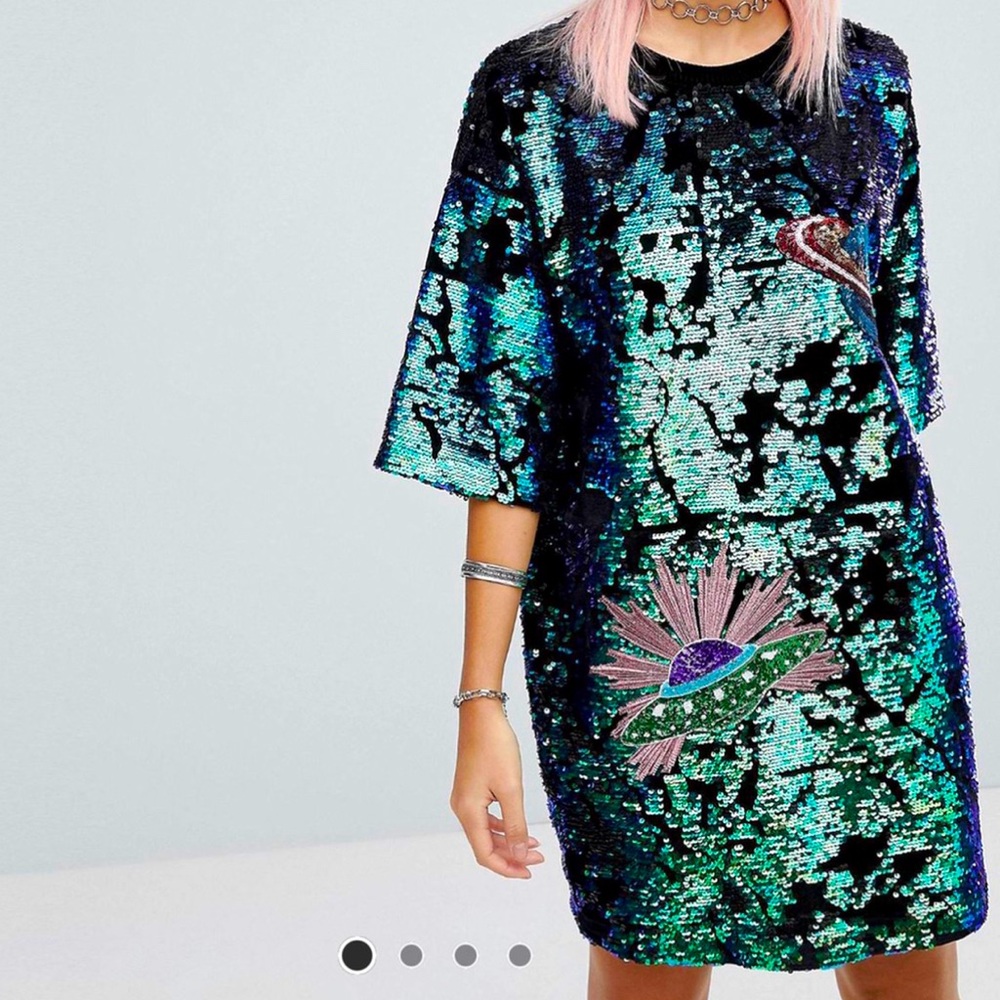 Embellished Sequin Mini Dress in Teal and Black